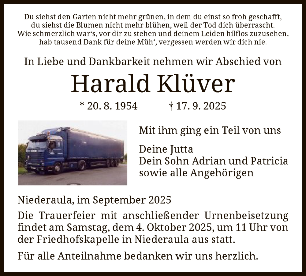  Traueranzeige für Harald Klüver vom 27.09.2025 aus HZHN