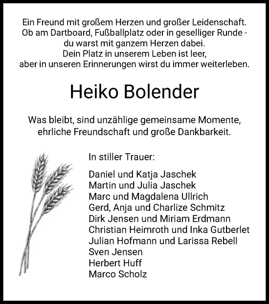 Traueranzeige von Heiko Bolender von HZ