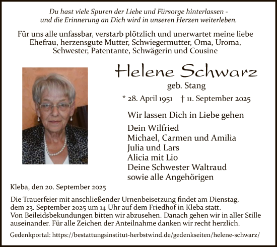 Traueranzeige von Helene Schwarz von HZ