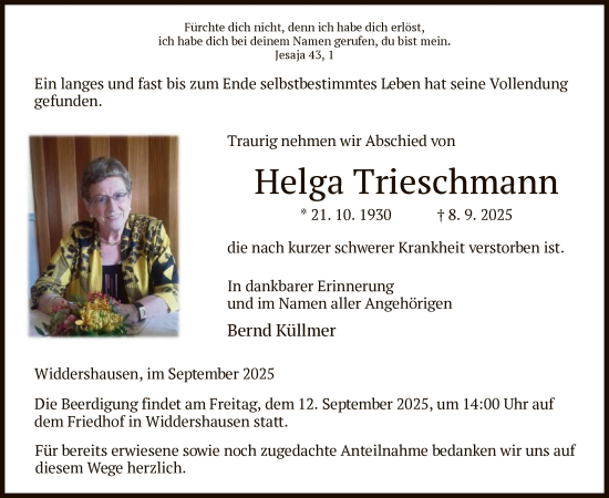 Traueranzeige von Helga Trieschmann von HZ