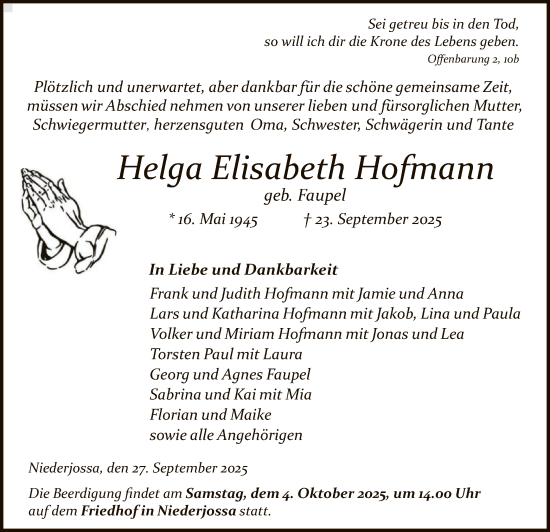 Traueranzeige von Helga Elisabeth Hofmann von HZ