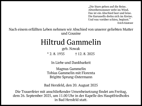 Traueranzeige von Hiltrud Gammelin von HZ
