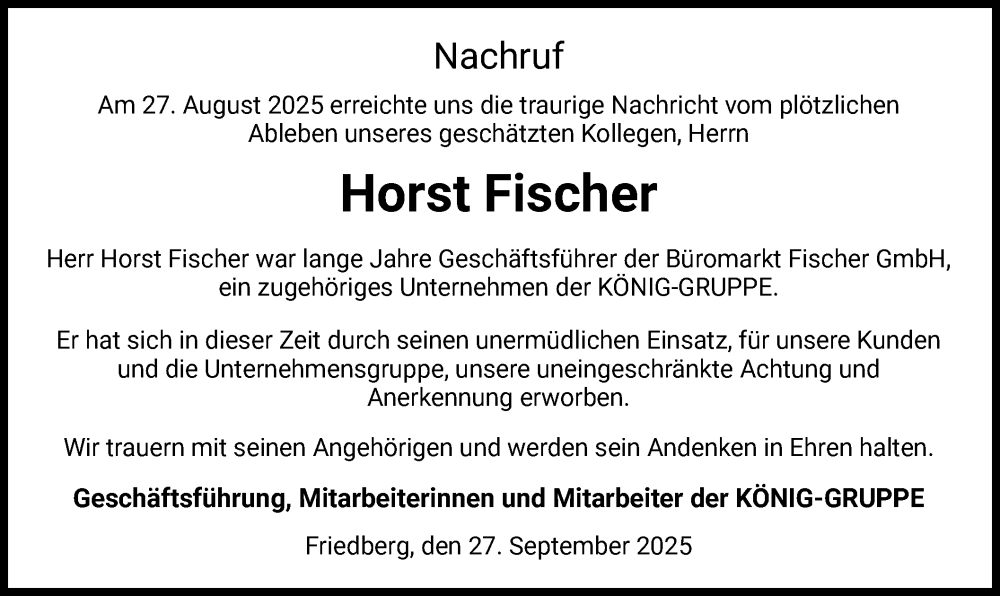  Traueranzeige für Horst Fischer vom 27.09.2025 aus HZ