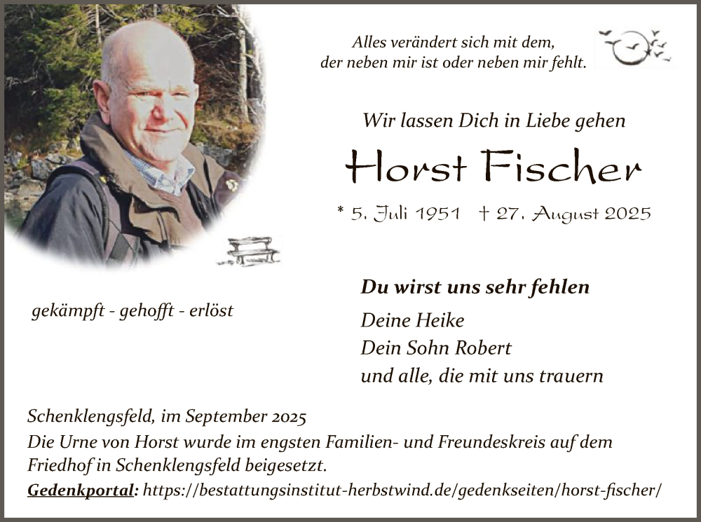  Traueranzeige für Horst Fischer vom 20.09.2025 aus HZ