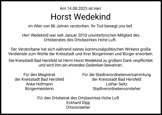 Traueranzeige von Horst Wedekind von HZ