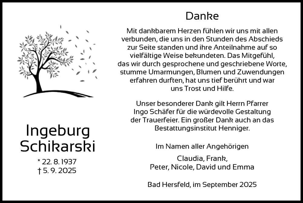  Traueranzeige für Ingeburg Schikarski vom 27.09.2025 aus HZHN