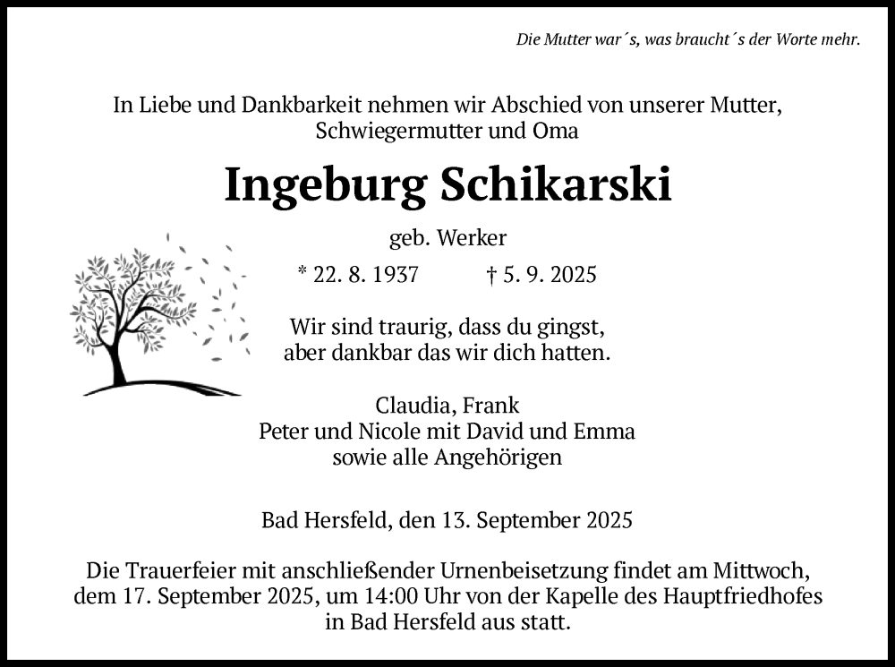  Traueranzeige für Ingeburg Schikarski vom 13.09.2025 aus HZ