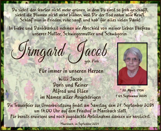 Traueranzeige von Irmgard Jacob von HZHN