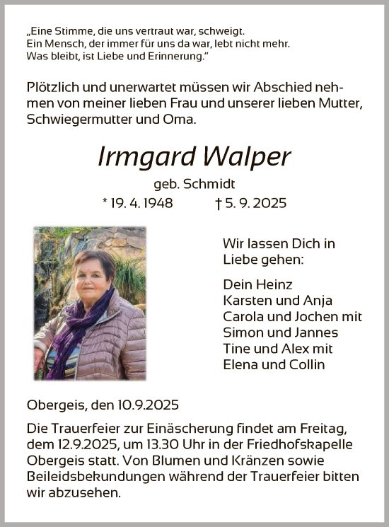 Traueranzeige von Irmgard Walper von HZ