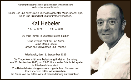 Traueranzeige von Kai Hebeler von HZ