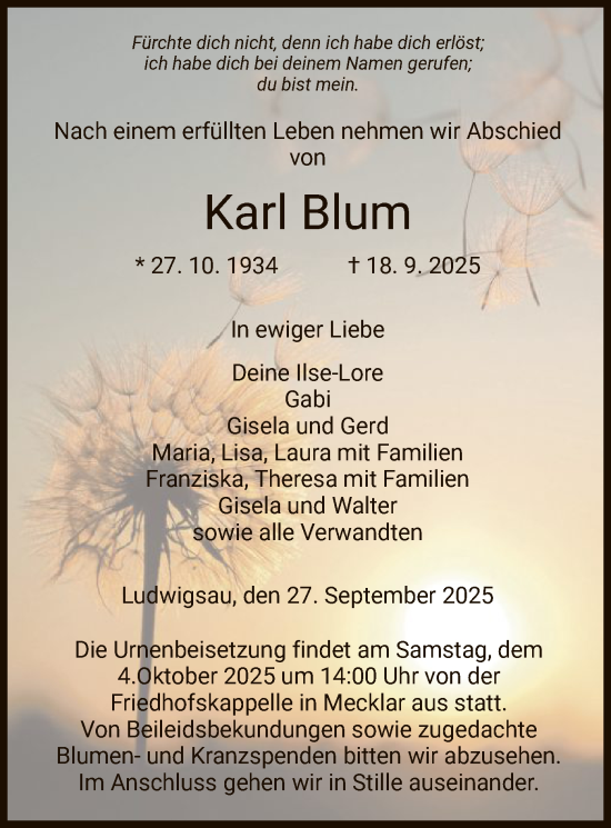 Traueranzeige von Karl Blum von HZ