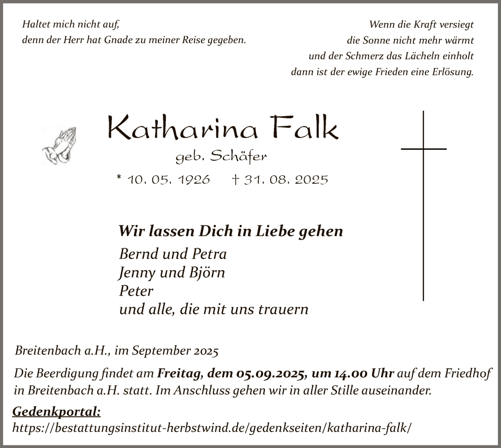  Traueranzeige für Katharina Falk vom 04.09.2025 aus HZ