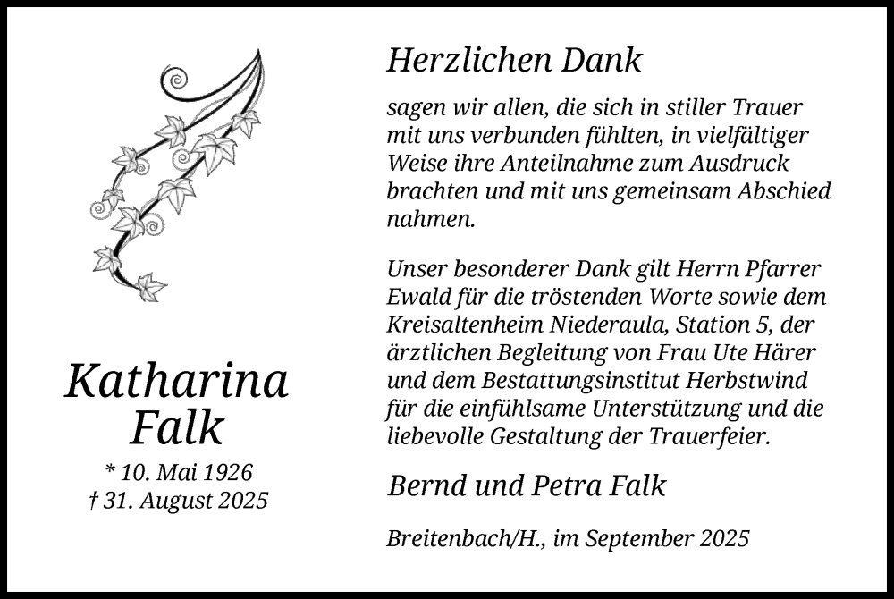  Traueranzeige für Katharina Falk vom 20.09.2025 aus HZ