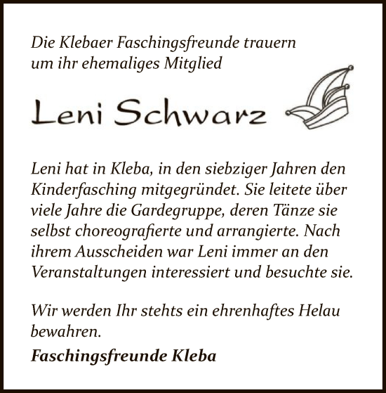 Traueranzeige von Leni Schwarz von HZ