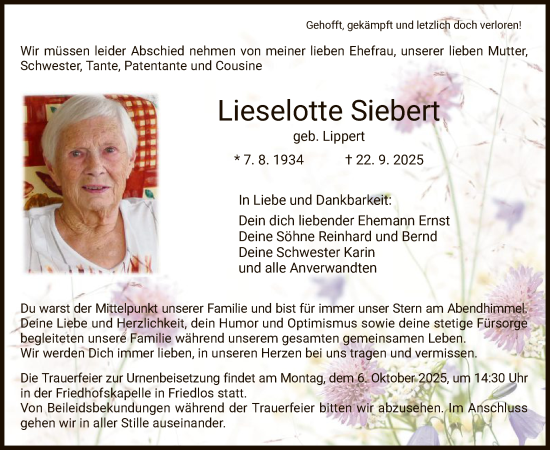 Traueranzeige von Lieselotte Siebert von HZ