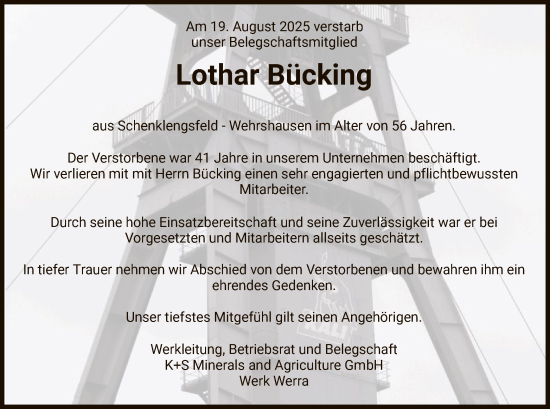 Traueranzeige von Lothar Bücking von HZ