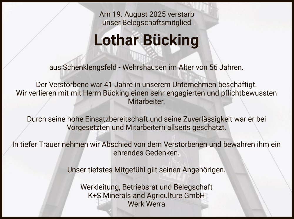  Traueranzeige für Lothar Bücking vom 06.09.2025 aus HZ
