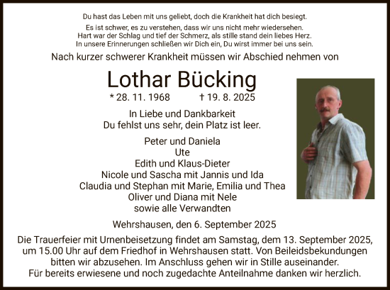 Traueranzeige von Lothar Bücking von HZ