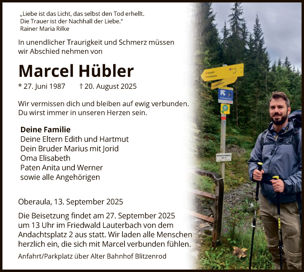  Traueranzeige für Marcel Hübler vom 13.09.2025 aus HNAHZ