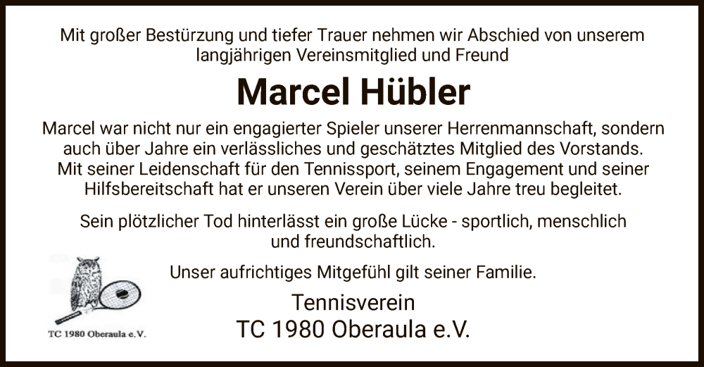  Traueranzeige für Marcel Hübler vom 17.09.2025 aus HZHNA