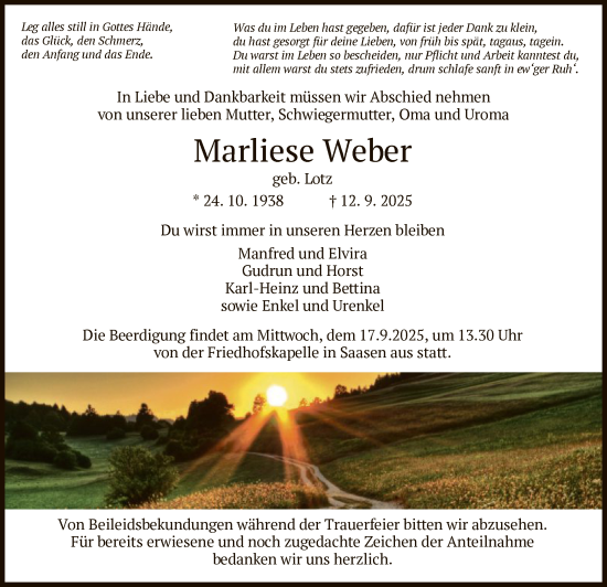 Traueranzeige von Marliese Weber von HZ