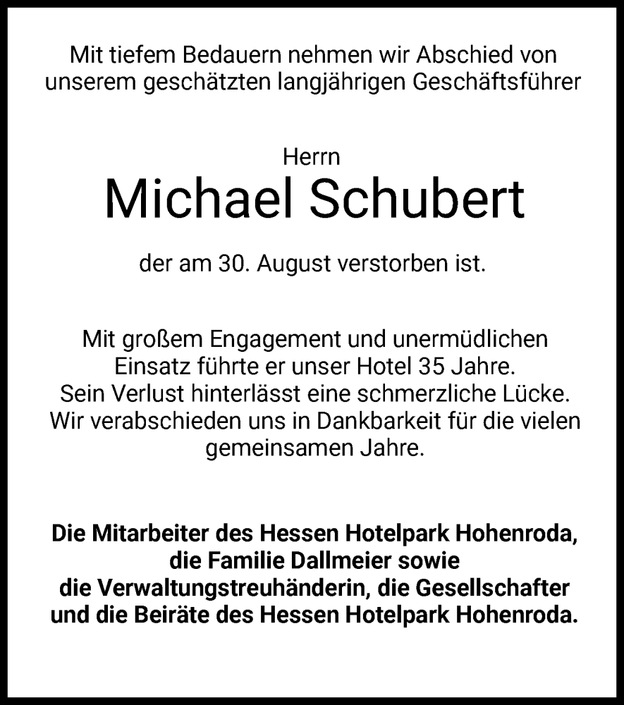  Traueranzeige für Michael Schubert vom 20.09.2025 aus HZHN