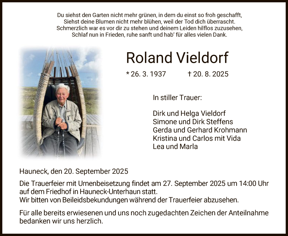  Traueranzeige für Roland Vieldorf vom 20.09.2025 aus HZ