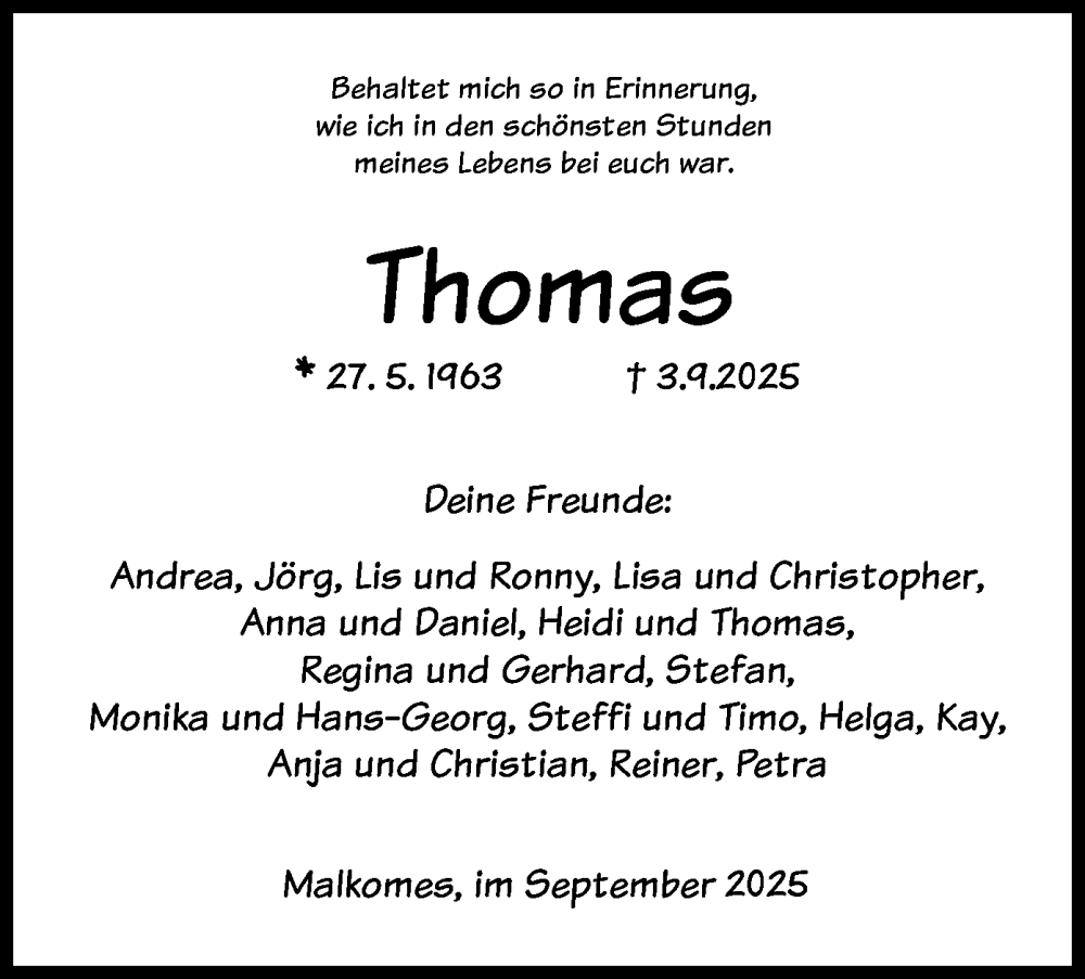  Traueranzeige für Thomas - vom 13.09.2025 aus HZ