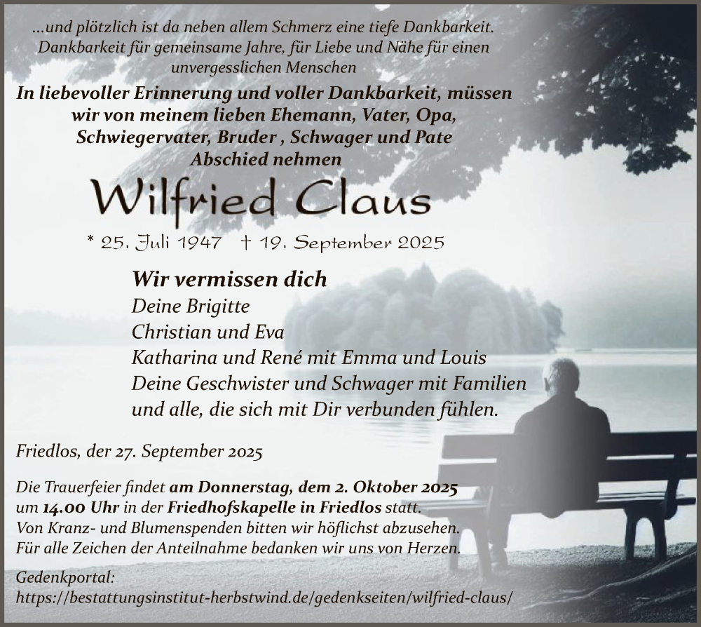  Traueranzeige für Wilfried Claus vom 27.09.2025 aus HZ
