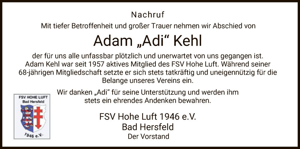  Traueranzeige für Adam Kehl vom 17.01.2026 aus HZ