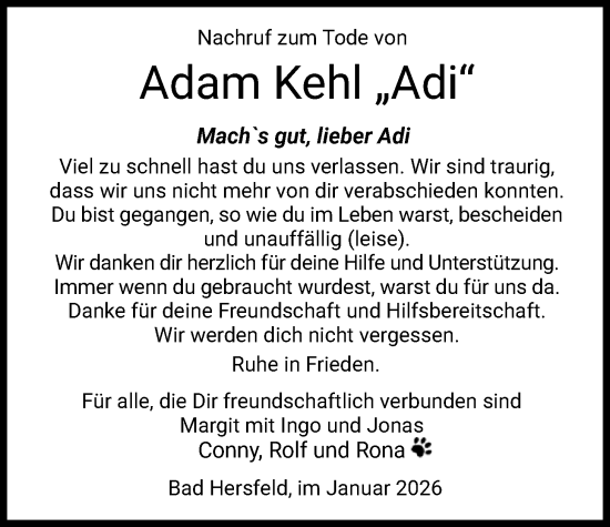 Traueranzeige von Adam Kehl von HZ