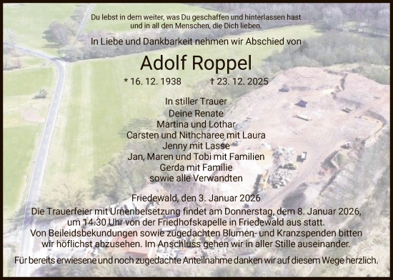Traueranzeige von Adolf Roppel von HZ