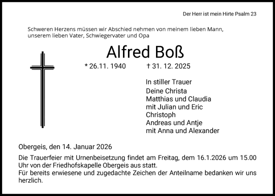 Traueranzeige von Alfred Boß von HZ