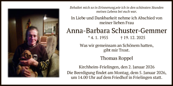 Traueranzeige von Anna-Barbara Schuster-Gemmer von HZ