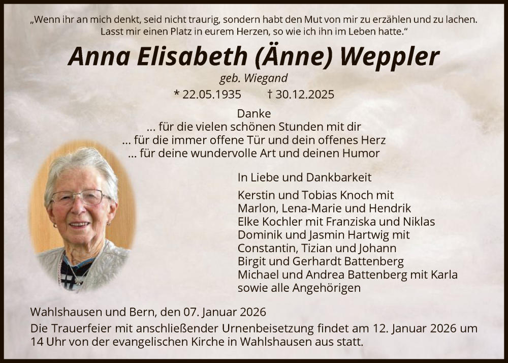  Traueranzeige für Anna Elisabeth Weppler vom 07.01.2026 aus HNAHZ