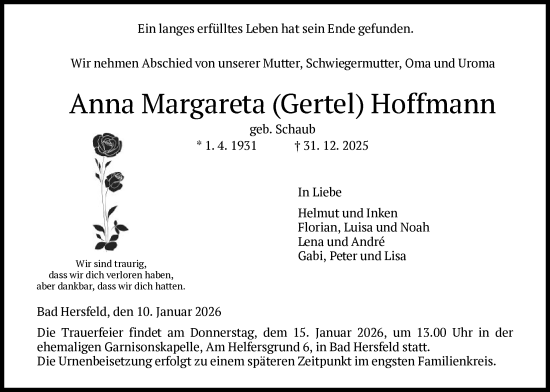 Traueranzeige von Anna Margareta Hoffmann von HZ