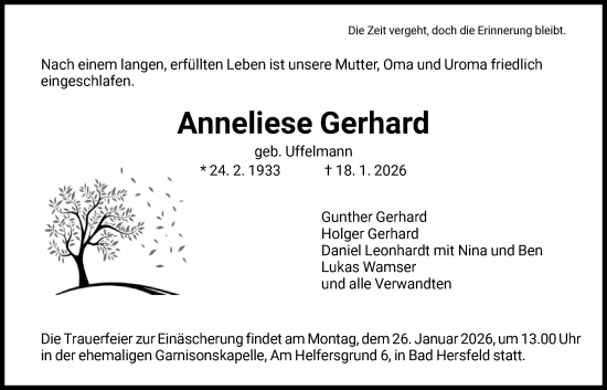 Traueranzeige von Anneliese Gerhard von HZ