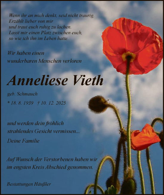 Traueranzeige von Anneliese Vieth von HZ