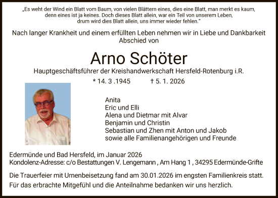 Traueranzeige von Arno Schöter von HZ