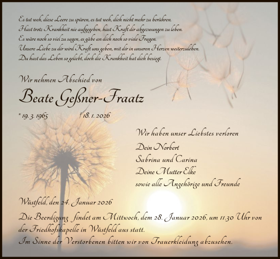 Traueranzeige von Beate Geßner-Fraatz von HZ