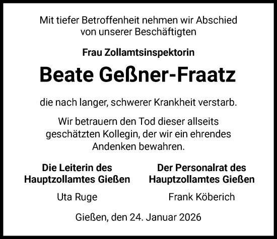 Traueranzeige von Beate Geßner-Fraatz von HZ