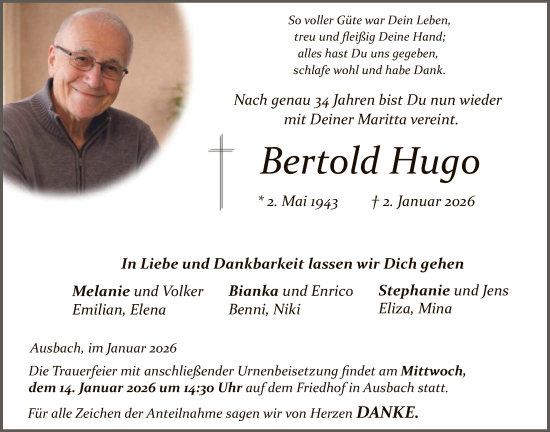Traueranzeige von Bertold Hugo von HZ