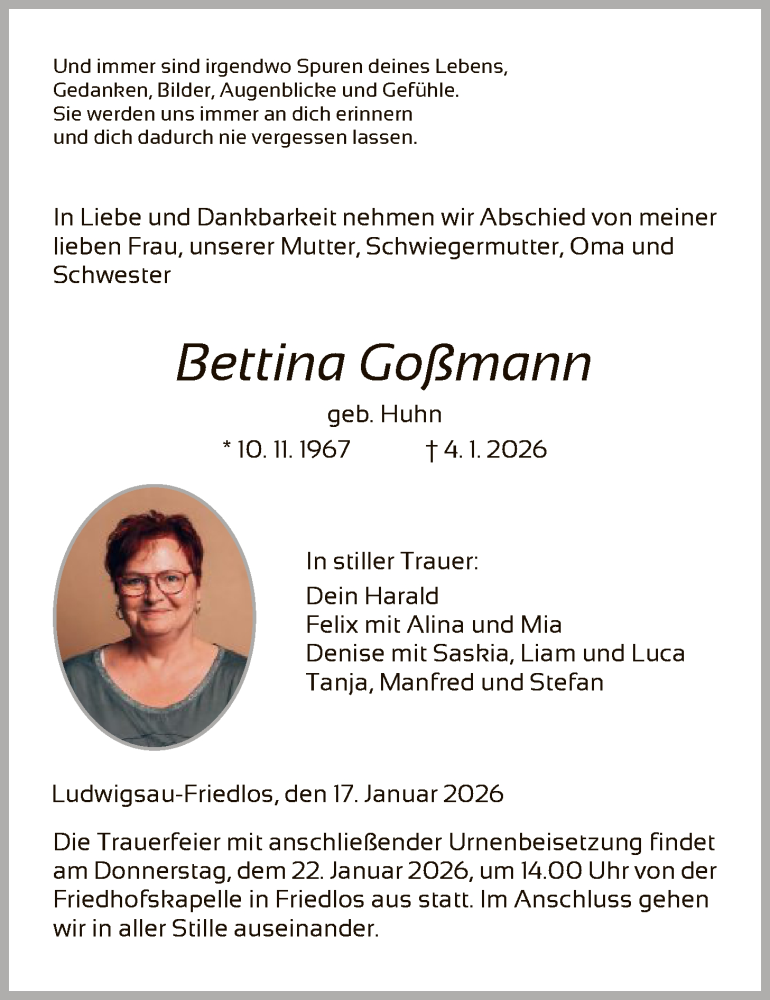  Traueranzeige für Bettina Goßmann vom 17.01.2026 aus HZHN
