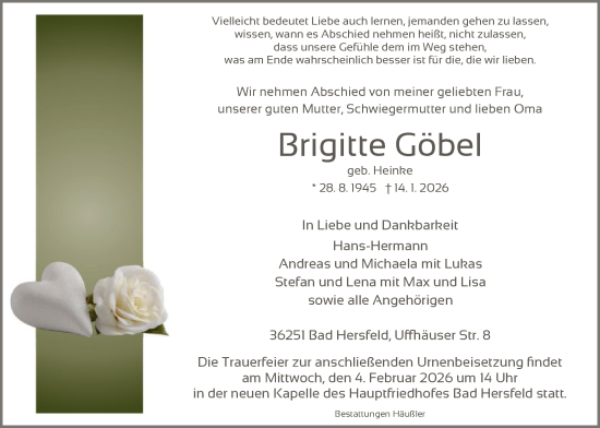 Traueranzeige von Brigitte Göbel von HZ