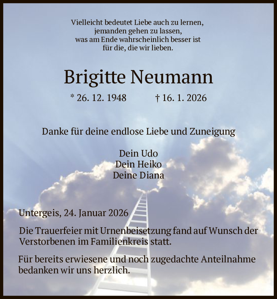  Traueranzeige für Brigitte Neumann vom 24.01.2026 aus HZ