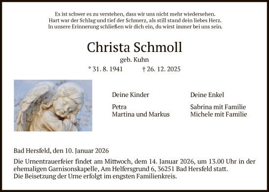 Traueranzeige von Christa Schmoll von HZ