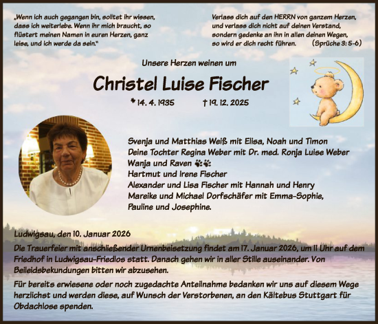 Traueranzeige von Christel Luise Fischer von HZHN