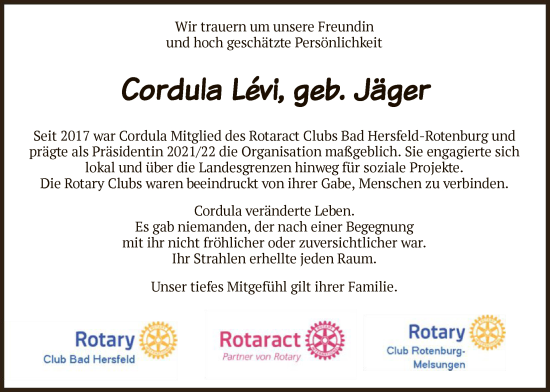 Traueranzeige von Cordula Lévi von HZ