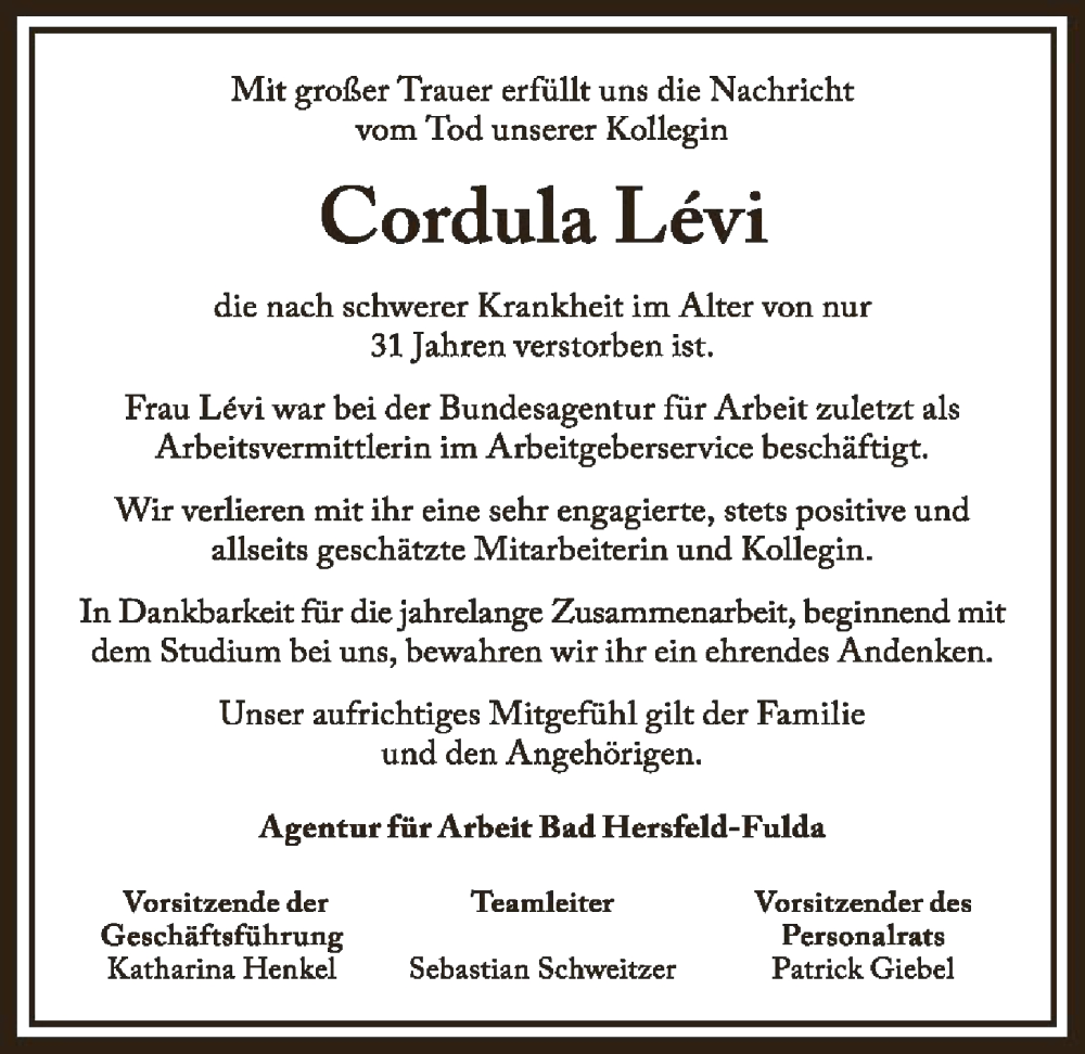  Traueranzeige für Cordula Lévi vom 17.01.2026 aus HZ
