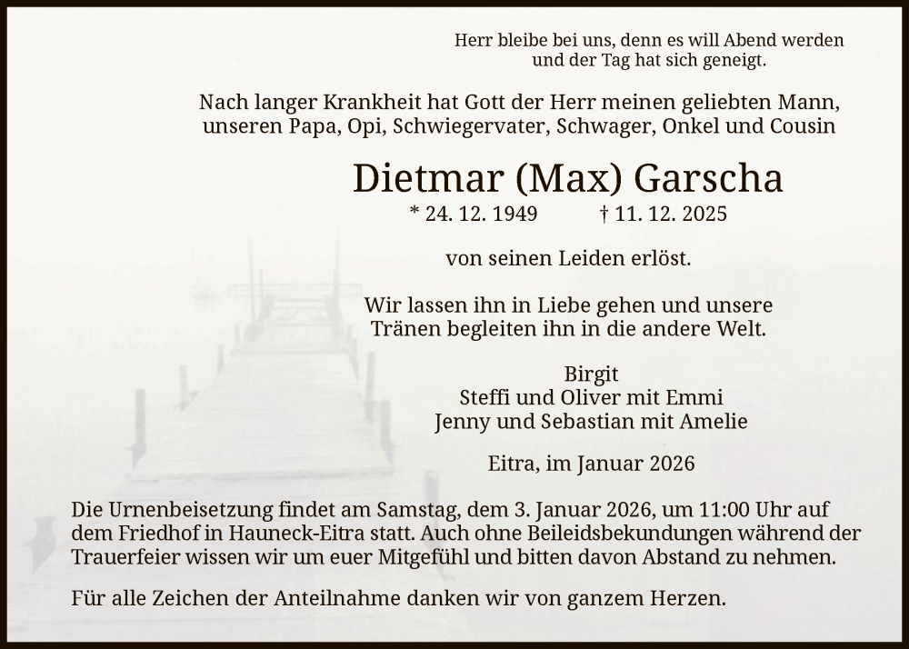  Traueranzeige für Dietmar Garscha vom 02.01.2026 aus HZ